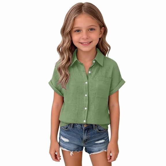 OIOLOYJM Linen Shirts for Girls Summer Casual Short Sleeve Button Down Pocket Blouses Lightweight Breathable Comfy Shirts Army Green 3-4 Year
