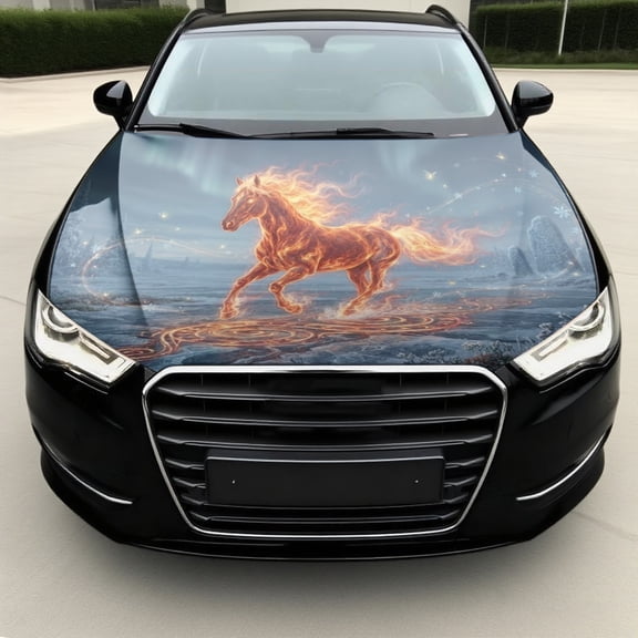 Fire Horse Car Hood Vinyl Decal Wrap Sticker - Aurora Flame Mustang Design, Universal Fit Truck Auto Hood Decal, Magical Animal Graphic Accessory Engine Sticker (59 * 39 inches)