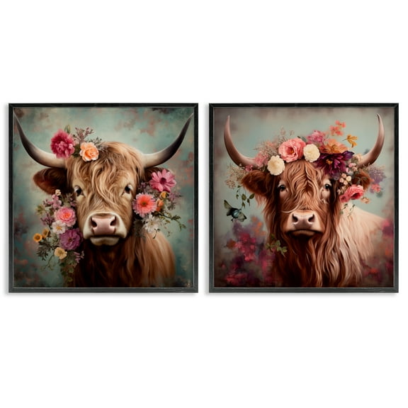 Stupell Industries Highland Cow Field Flower Crown Animals Painting Black Framed Art Print Wall Art, 12 x 12, Set of 2