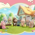 thumbnail image 3 of Figura de Anime Kawaii Labubu caja ciega tiene un asiento serie PVC colgante muñeca modelo juguete monstruo púrpura llavero niños regalos de cumpleaños, 3 of 5