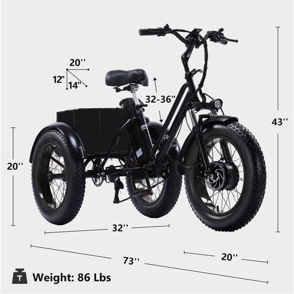 EASINGO 500W Electric Trike for Adults, 48V 20Ah Lithium Battery, 7 Speed 3-Wheel E-Bike with 20" Tires, Rear Basket, BLACK