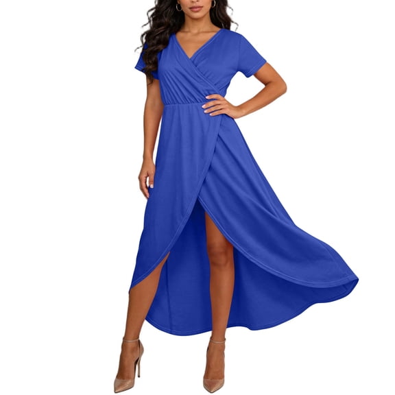 Maqroz Sundresses for Women Plus Size 2026 Summer Short Sleeve Wrap V Neck A-Line Maxi Dress Casual Ruffle Split Flowy Boho Travel Beach Vacation Dresses Blue XXL