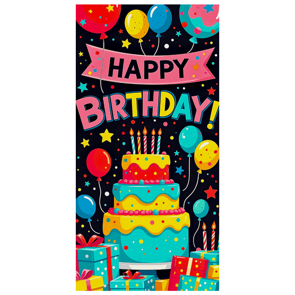 Colorful Birthday Themed Backdrop Banner with Cake Balloons and Stars Happy Birthday Party Supplies Photography Props Decorations Birthday Decoration