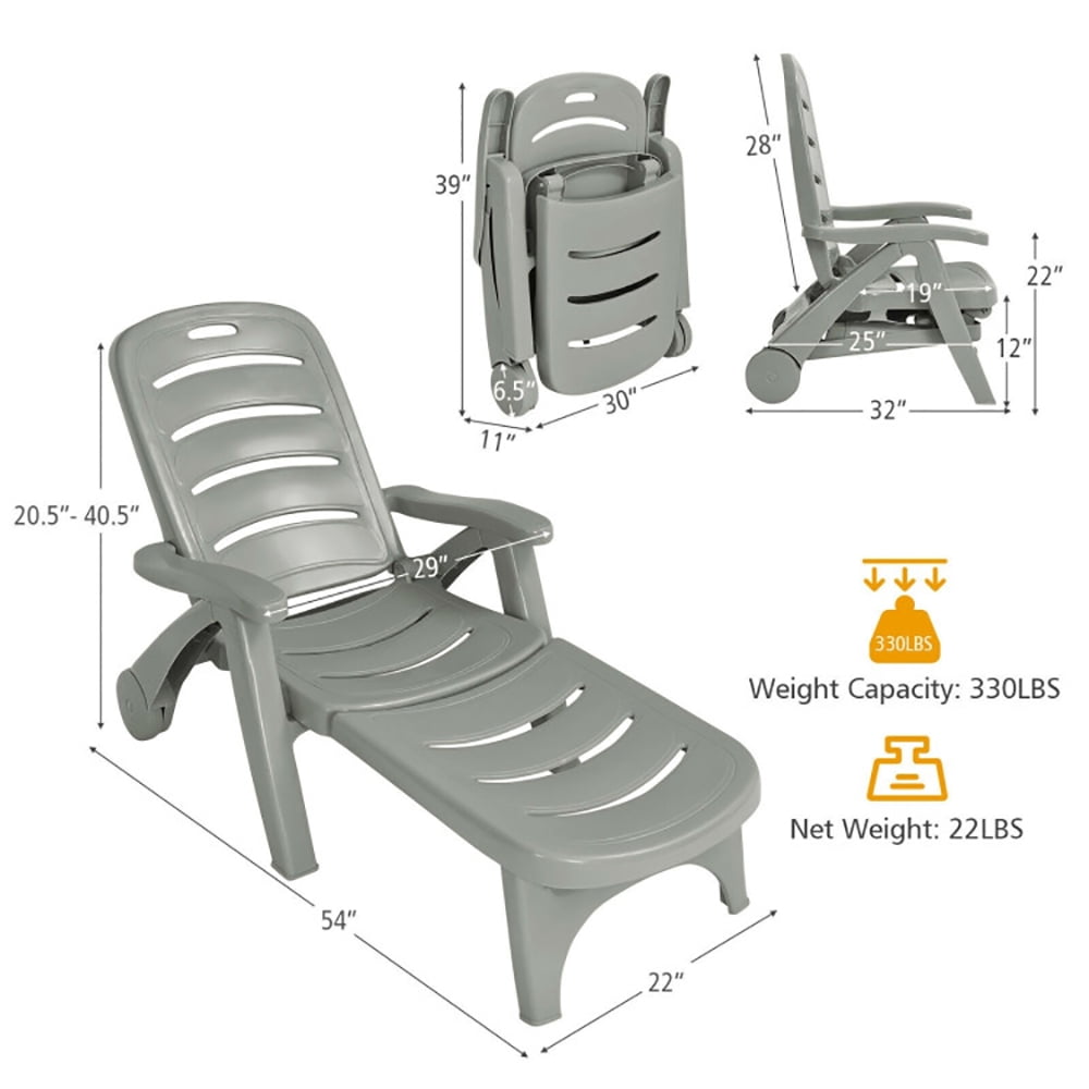 Aimee Lii 5 Position Adjustable Folding Lounger Chaise Chair on Wheels, Patio Loungers, Gray