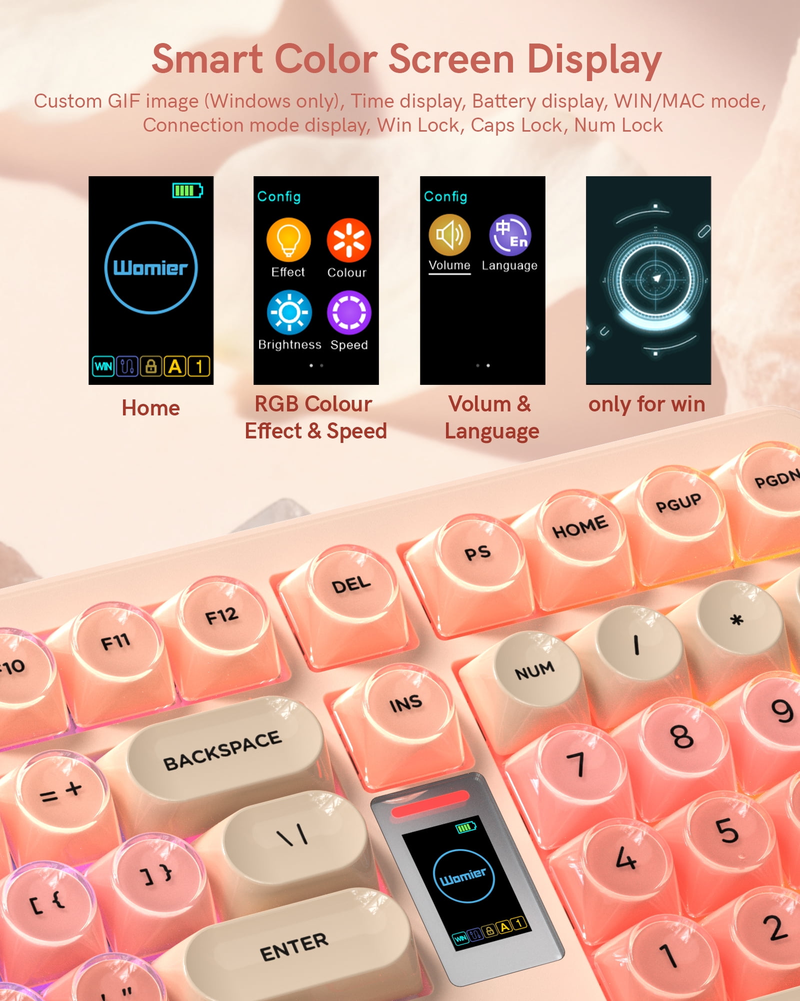 COSTOM Wireless Mechanical Keyboard, 98% Hot Swappable Custom Keyboards Gaming Keyboard,3 Mode with Multimedia Screen,RGB Backlit,Crystal Jelly keycaps for Win/Mac,Pink