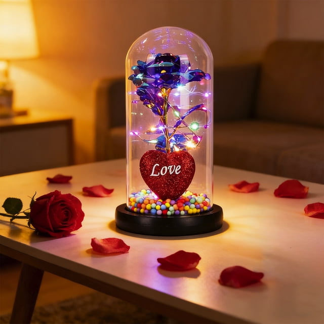 Luz nocturna de rosa en forma de corazón con cúpula de cristal - Flor de cristal preservada alimentada por LED en colores