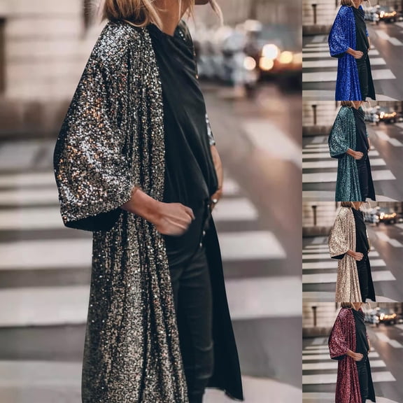 Hueook Womens Fall Jackets Women's Fashionable Mid To Long Five Quarter Sleeve Party Sequined Cardigan Jacket Blue L