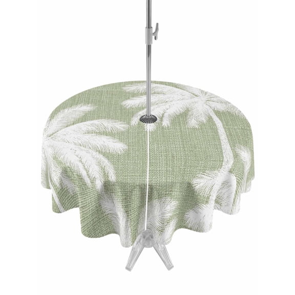 Outdoor Tablecloths with Umbrella Hole & Zipper, Sage Green Palm Trees Round Tablecloth 54 Inch, Farmhouse Tropical Summer Beach Waterproof Table Cloth, Patio/Pool/Picnic Table Covers