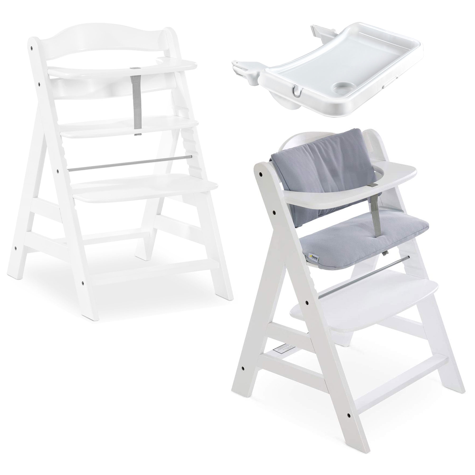 hauck AlphaPlus Grow Along White Wooden High Chair, Tray, & Grey Cushion
