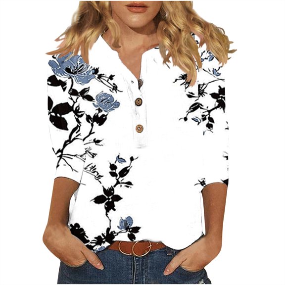 QQAMB Womens Tops 3/4 Sleeve Casual Knit Notched V-Neck Floral Printed Shirts Button Summer Loose Blouses White M