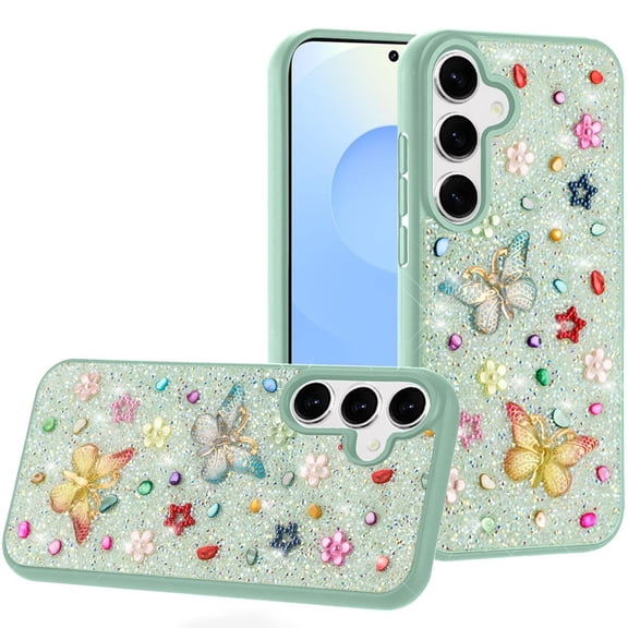 For Samsung s25 Plus/s24 Plus Butterfly Ornaments Diamond Bling Glitter Hybrid Case - Teal