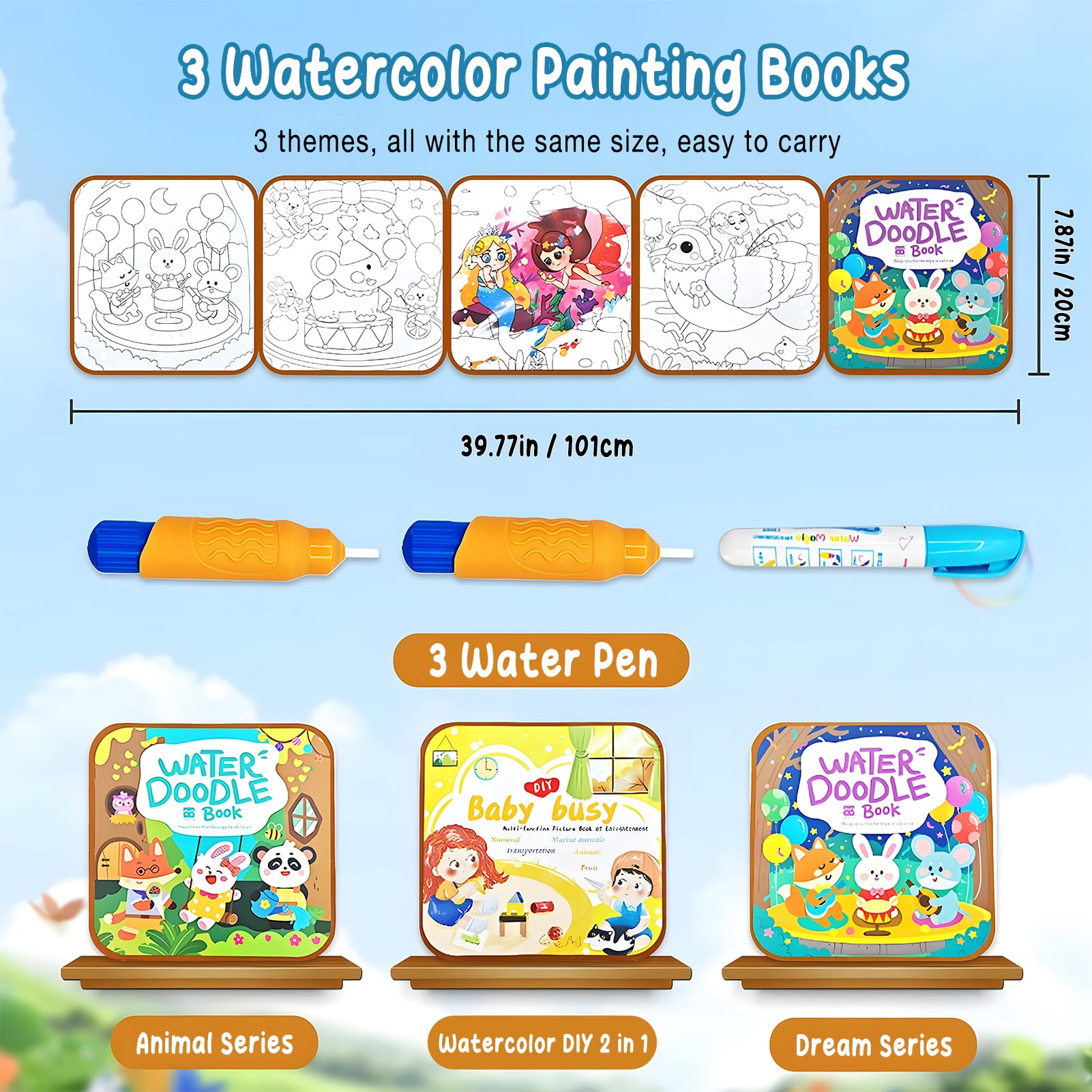 KiddiTouch Reusable Magic Water Painting Books, 3 Pack No Mess Paint Coloring Books with Water Pens, Travel Activity Toys Gifts for Boys & Girls Ages 3+