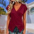 thumbnail image 2 of Wang6 Womens V Neck T Shirts Trendy Summer Short Sleeve Loose Fit Tops Causal Cross Neck Solid Tees Shirts 0625LiBrick Red L, 2 of 4