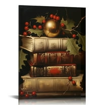 JEUXUS  Vintage Christmas Canvas Wall Art, Rustic Books Art Still Life Pictures for Wall, Merry Christmas Poster Winter Print, Xmas Dark Academia Decor Wall Decorations Gifts