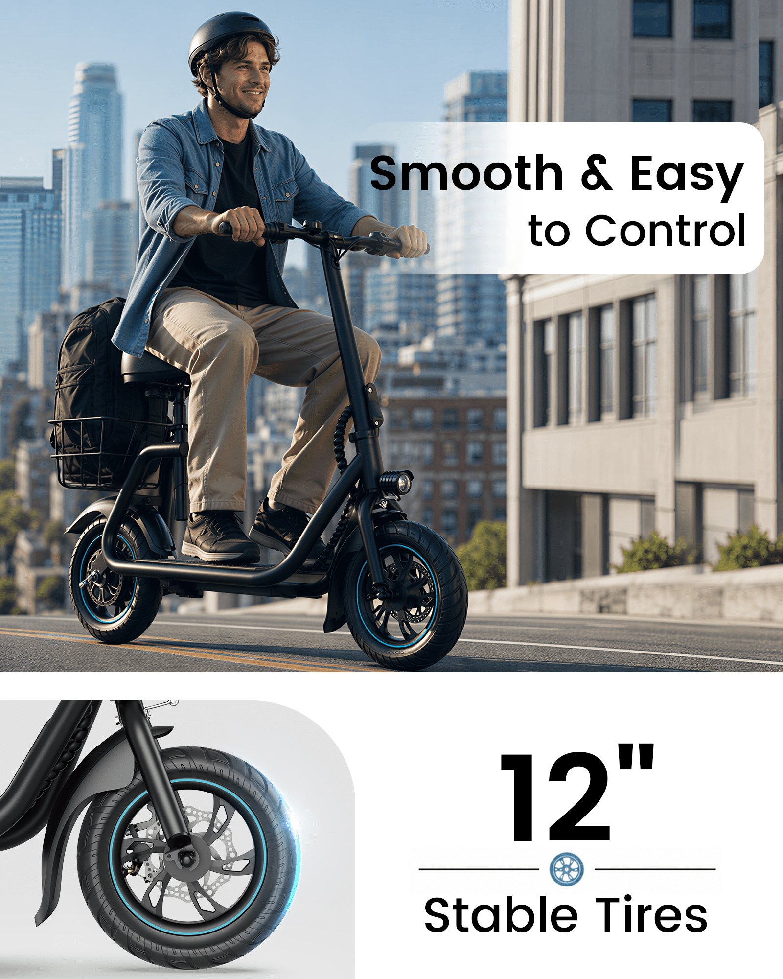 MIHOVER Electric Scooter with Seat for Adults & Seniors, 450W Comfortable Commuter Scooter with Basket, 12" Tires, 15 Mile Range, UL2272 Certified - Black