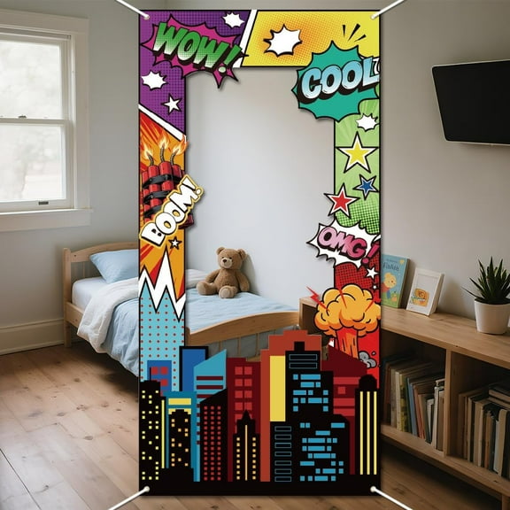 Comic Hero Photo Frame Props Party Decor 5.9x2.9ft Hero Theme Photo Banner Door Backdrop Props Decor Large Fabric Photography Background Birthday Party Supplies
