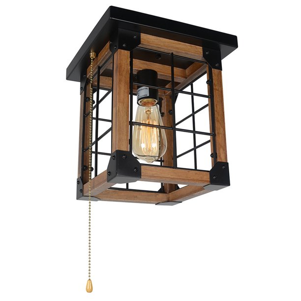 Small Farmhouse Flush Mount Ceiling Lighting with Pull Chain, Square