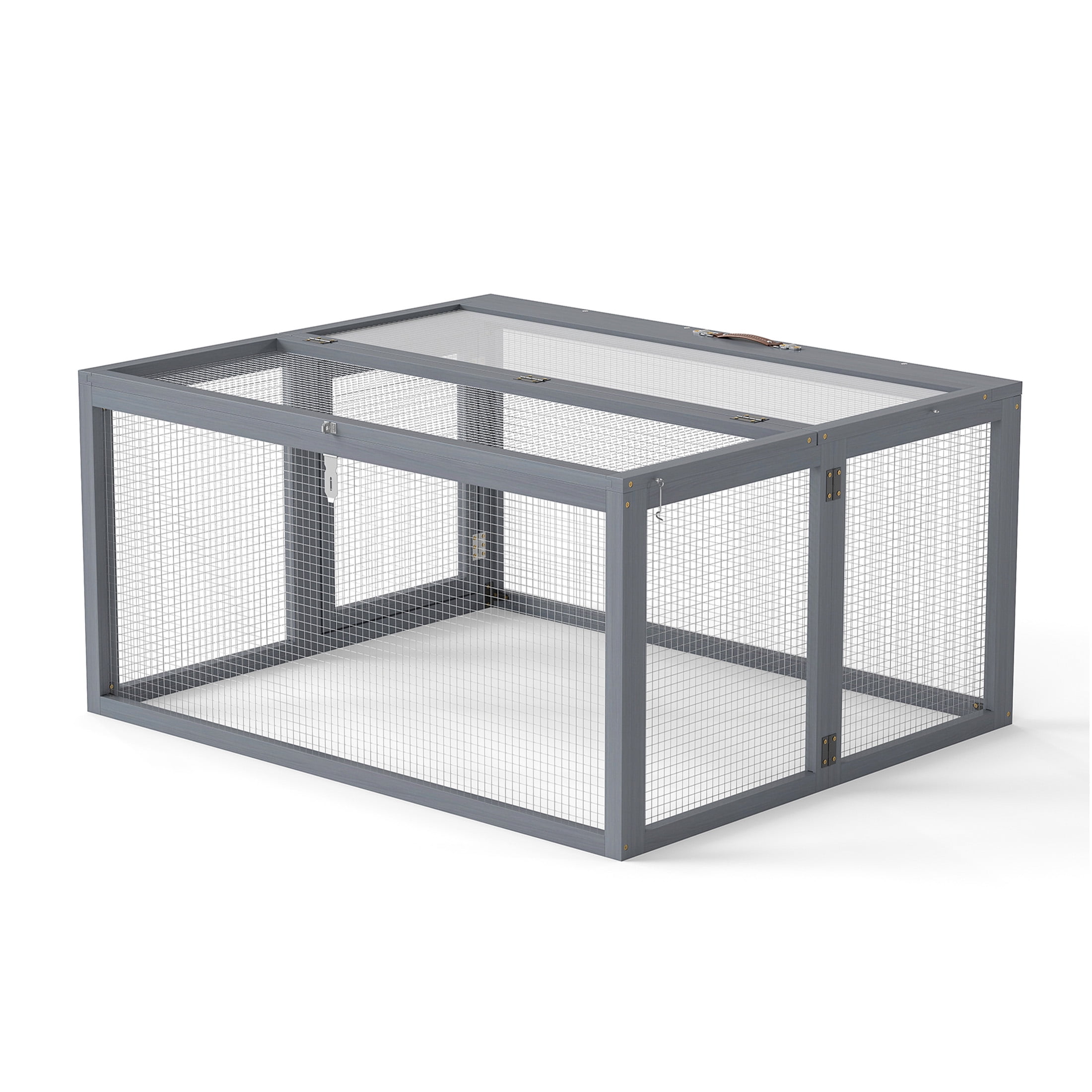 JERFIT Outdoor Rabbit Hutch, Foldable Wooden Bunny Cage with Lockable Doors & Waterproof Roof, Heavy-Duty Metal Wire Mesh, Gray