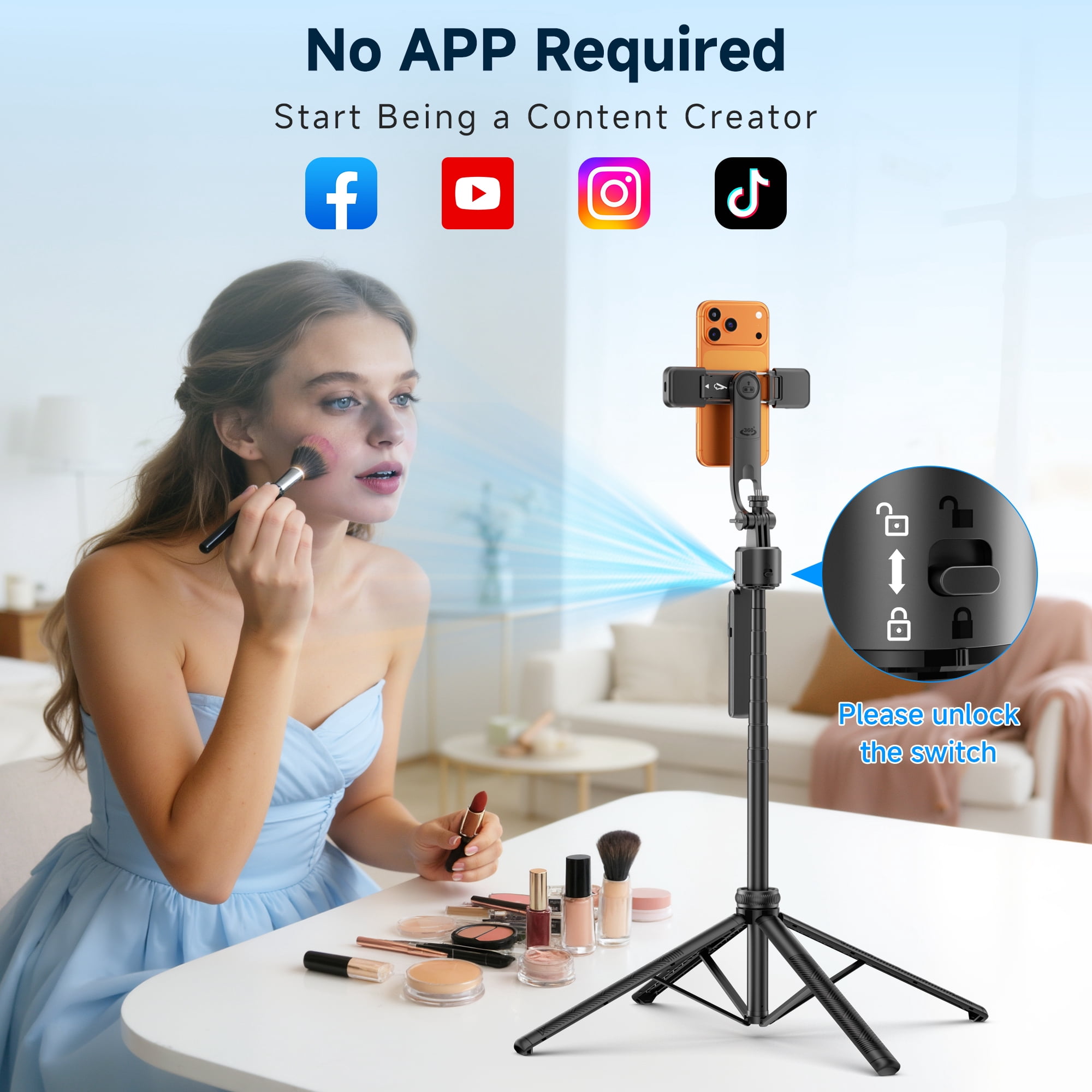 SelfieShow 64” Auto Face Tracking Tripod for iPhone, 360° Rotating Selfie Stick Tripod, Handheld Stabilization with Remote Control and Fill Light, for TikTok Vlog Video Recording
