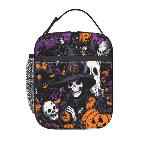 Halloween Skull Witch Lunch Bag for Office Women – Stylish Thermal Insulated Tote with Shoulder Strap, Lightweight for Work or Travel