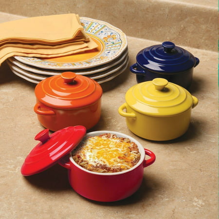Colorful Stoneware Mini Casserole Pots With Lids - Set of 4, Set a colorful table with mini stoneware pots with lids and handles By BW
