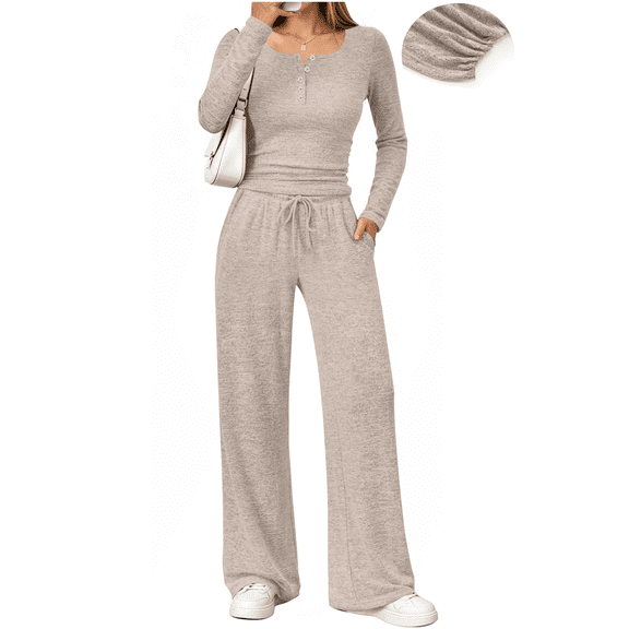 UVN Two Piece Sets for Women Fall Long Sleeve Ruched Tops and Wide Leg Pants Outfits Ladies Fashion Casual Lounge Sets