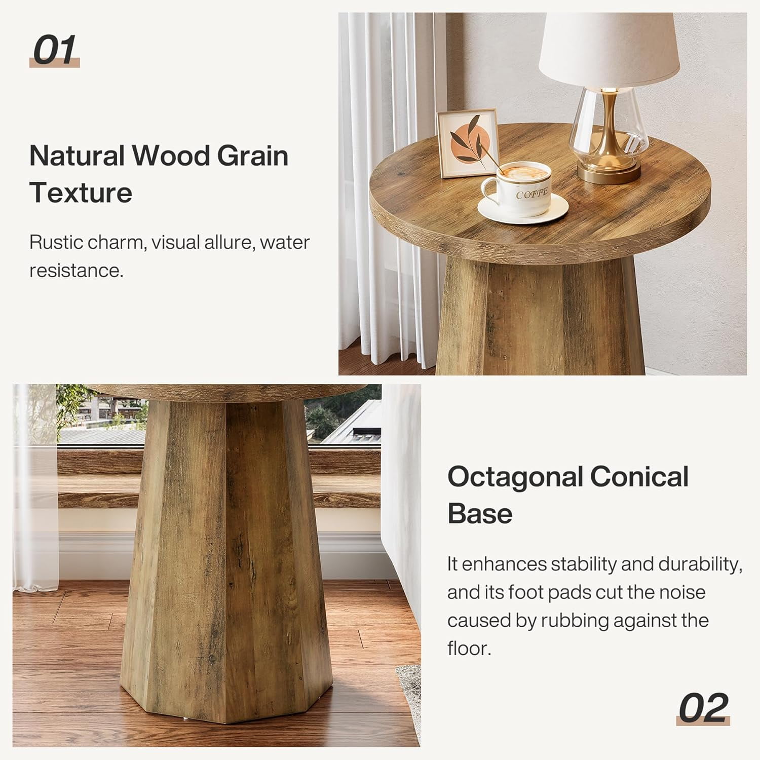 Tribesigns Farmhouse Round End Table, Wooden Couch Side Table with Octagonal Base for Living Room, Bedroom