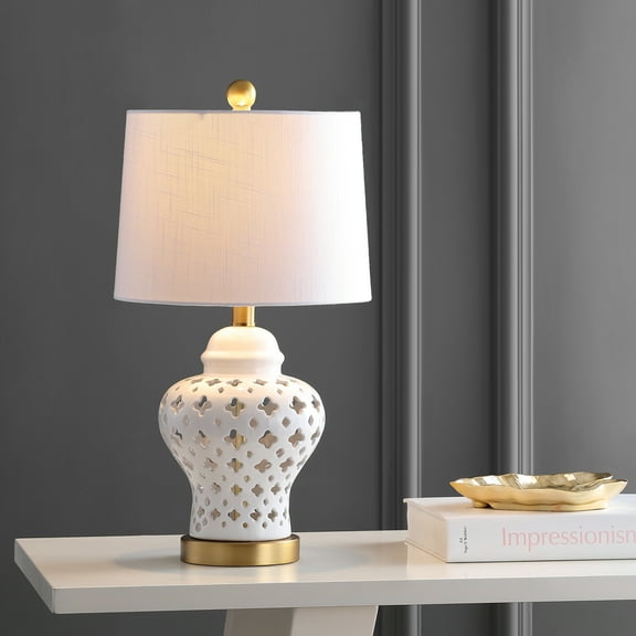 JONATHAN Y Quatrefoil Fretwork 20.5" Pierced Ginger Jar Ceramic/Metal LED Table Lamp, White, JYL6210A