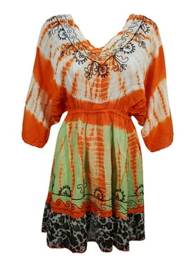 Mogul Womens Orange Tie Dye Dress Floral Embroidered Summer Comfy Sundress