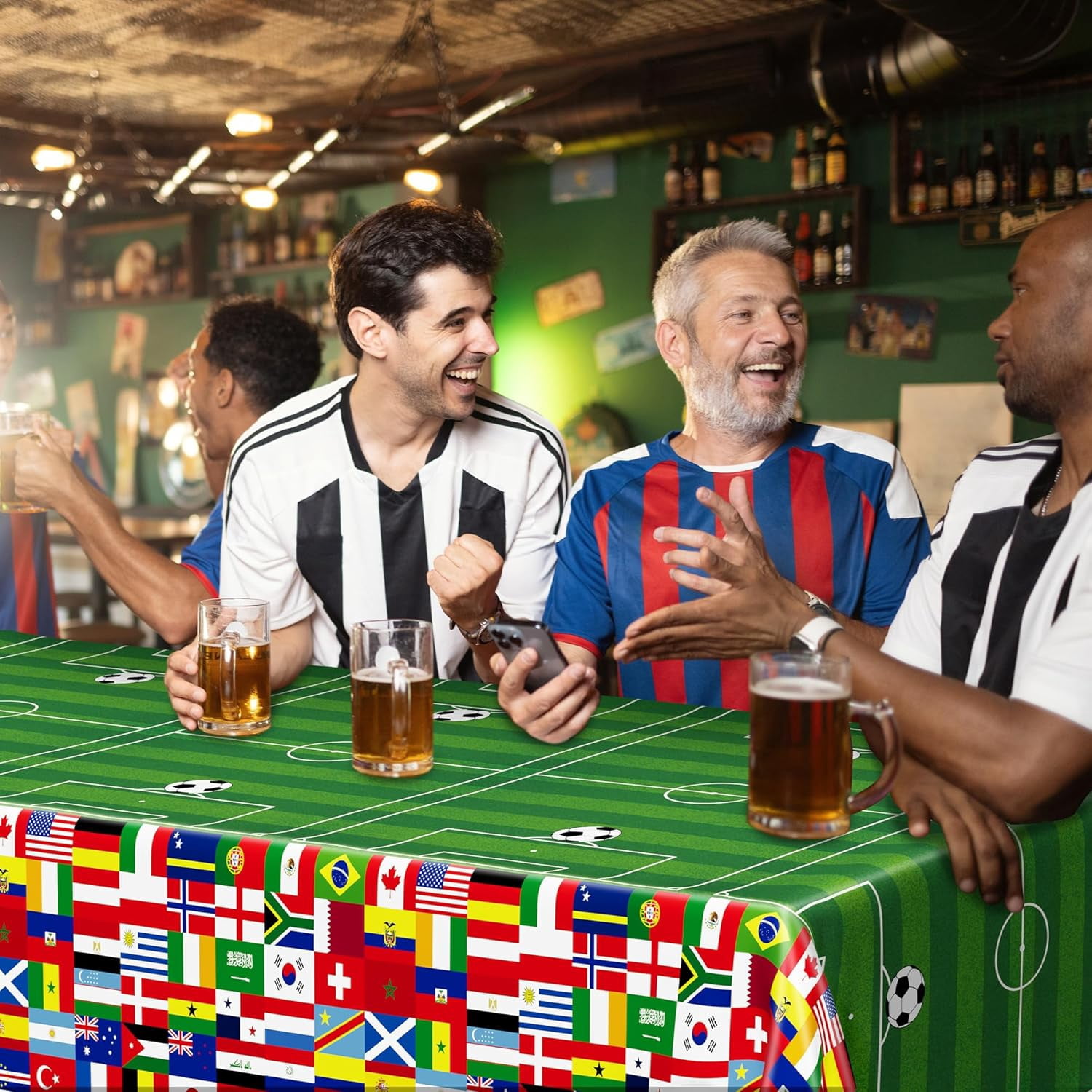 6 Pcs Soccer Tablecloths for Birthday Party Decorations 54 X 108 Inch, Disposable Plastic Table Cover, 2026 Around the World Flags Green Rectangle Tableware Set for Sports Theme Game Party Supplies
