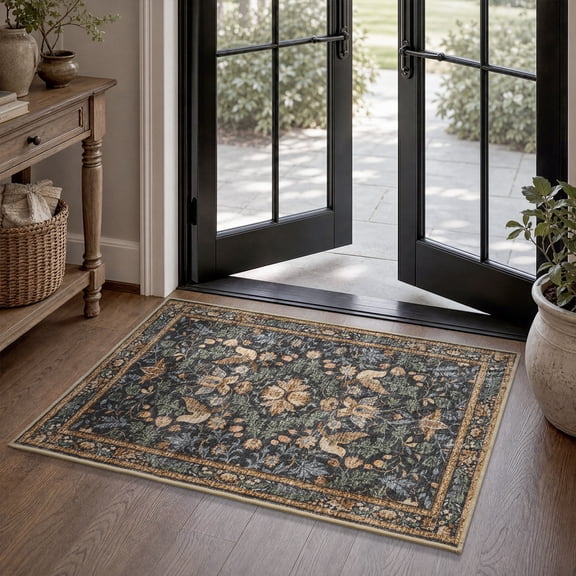 SIXHOME 2'x3' Rugs for Living Room Botanical Washable Rugs Boho Floral Birds Carpet Ultra Soft Nature Plants Modern Indoor Rugs for Bedroom Dining Room Office Vintage Home Decor Dark Green