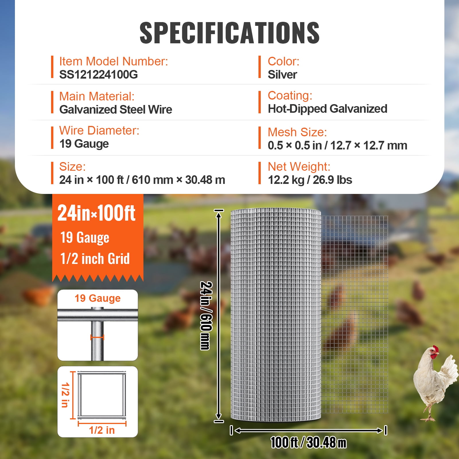 KFFKFF 1/2" 24" x 100" Hardware Cloth 19 Ga Barbed Wire Fence Roll of Chicken Wire