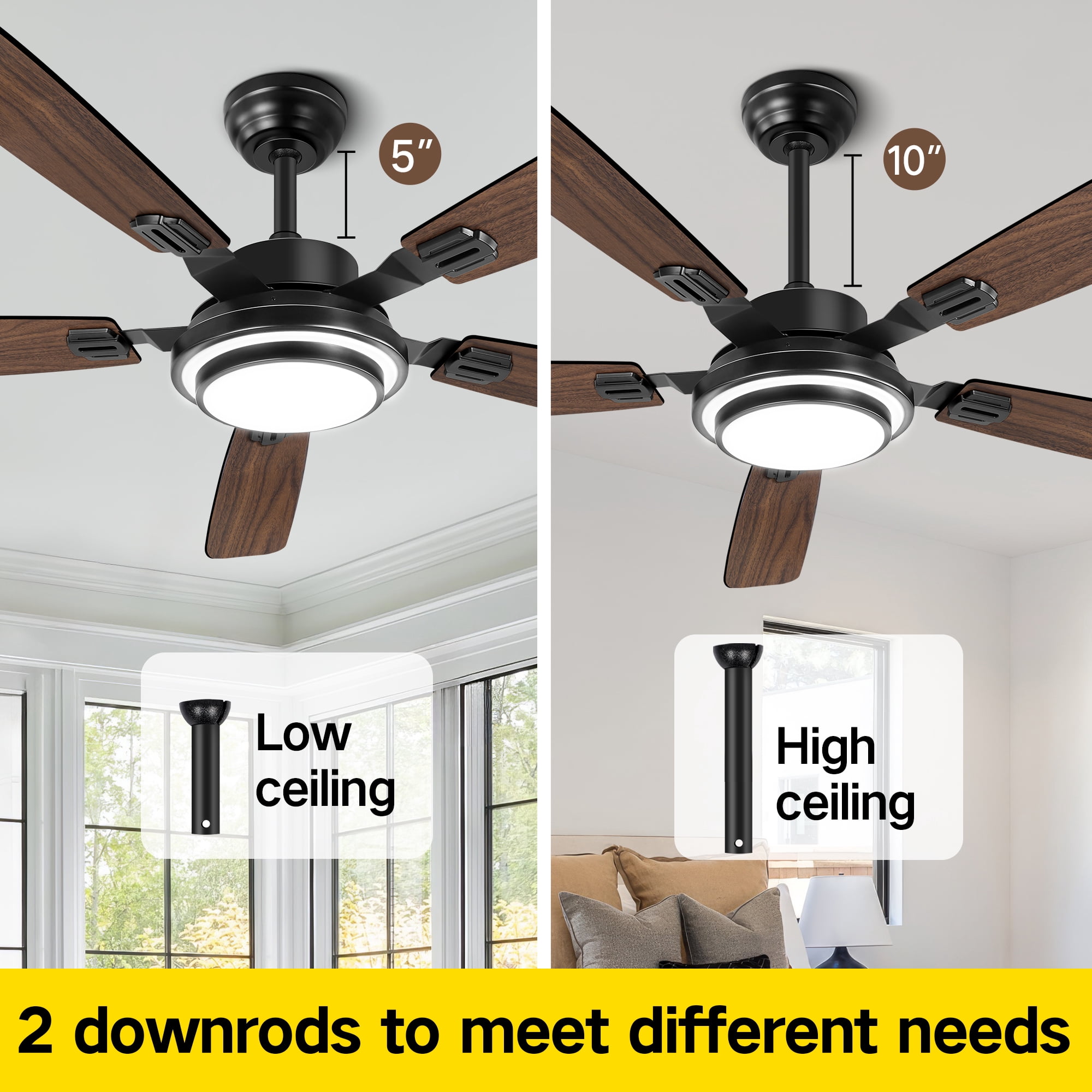 OUTON 52" Ceiling Fans with Light Remote Control, Flush Mount, 5 Blades,Reverse DC Motor Quiet Ceiling Fans, Dimmable Modern Ceiling Fan for  Living Room, Bedroom,Walnut