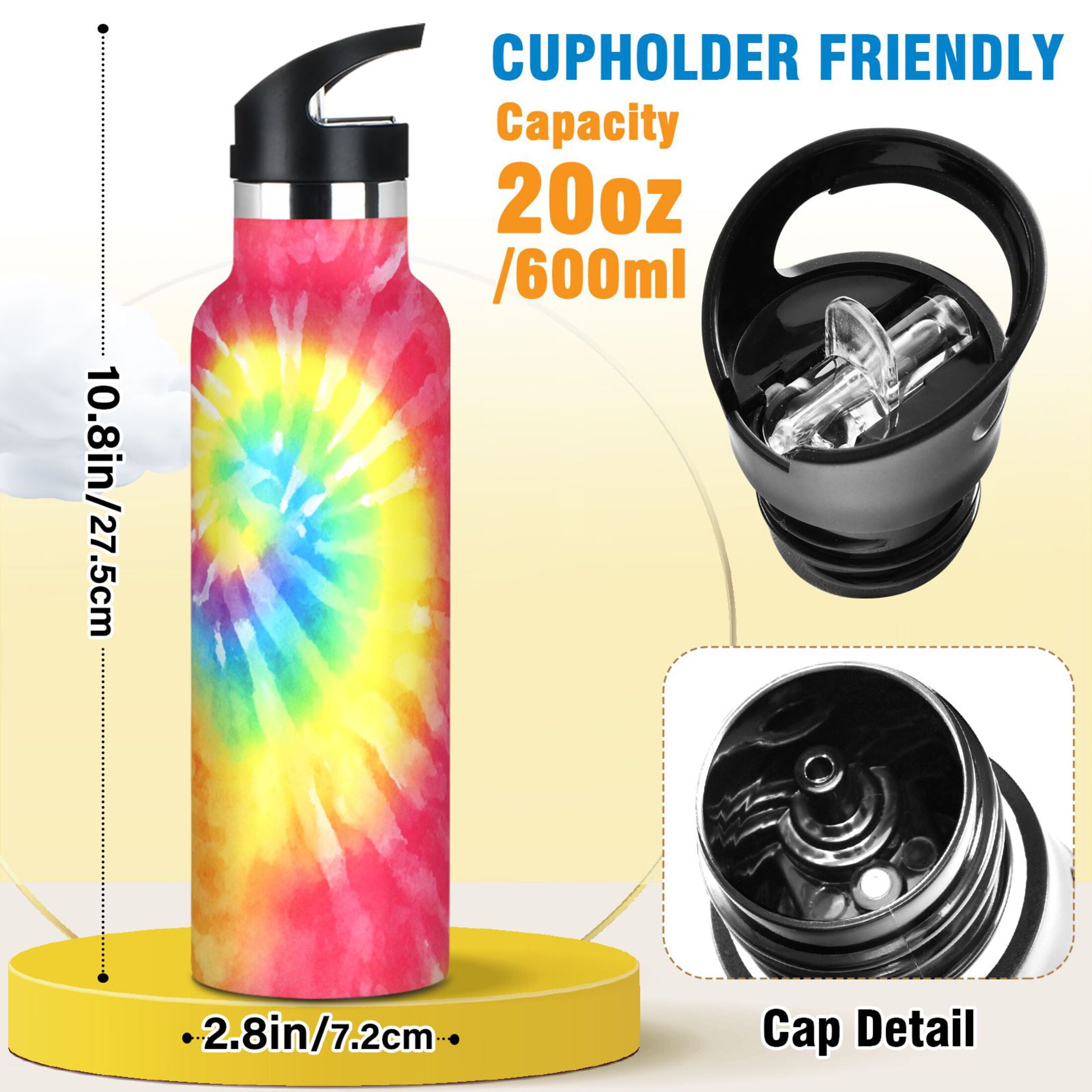 Kids Insulated Stainless Steel Sports Water Bottle 600ml (20oz) Tie-dyed Colorful Spiral Pattern
