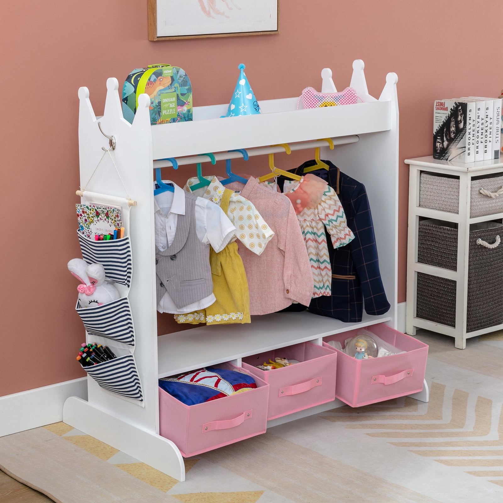 JOYLDIAS Kids Dress Up Storage Girls Armoire Closet With Mirror, Side Pocket, Storage (Pink)