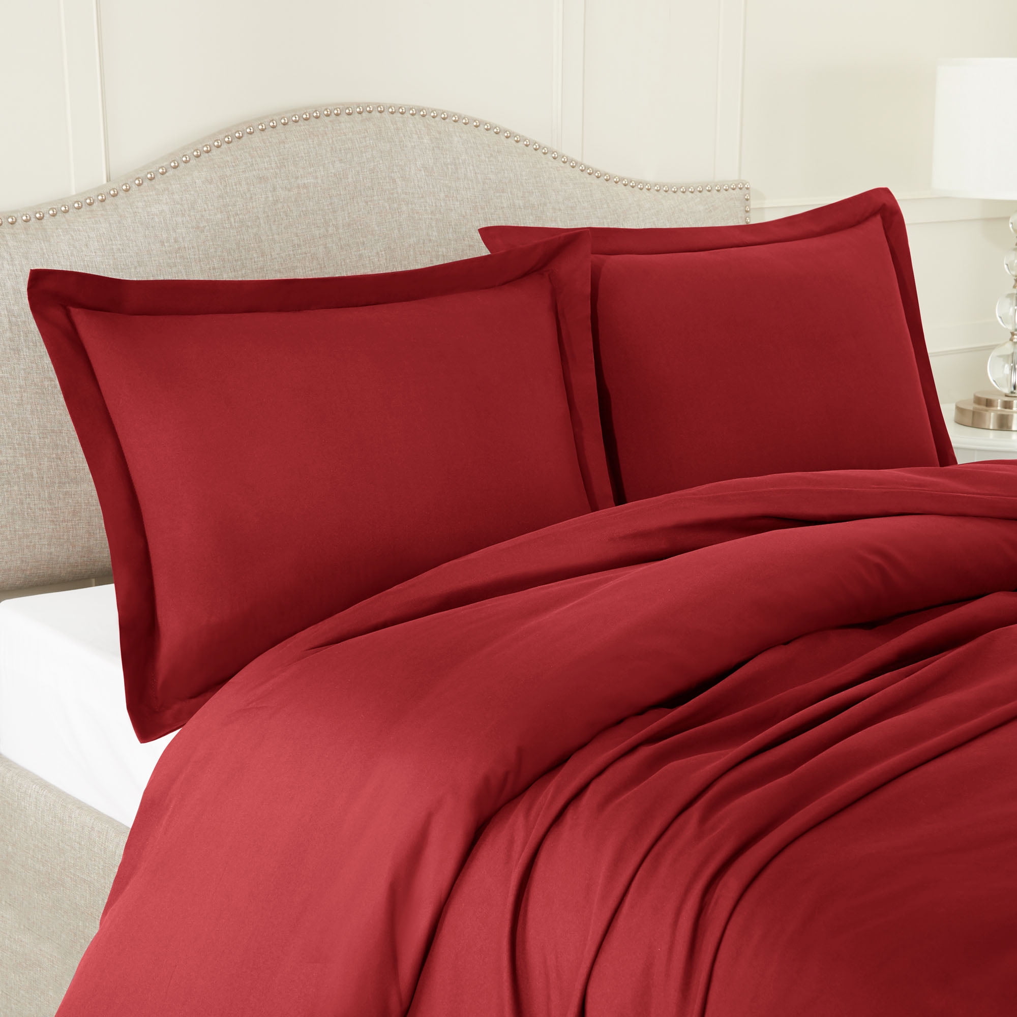 California King Size 3 Piece Duvet Cover Set With Pillow Shams Burgundy Red Button Closure 