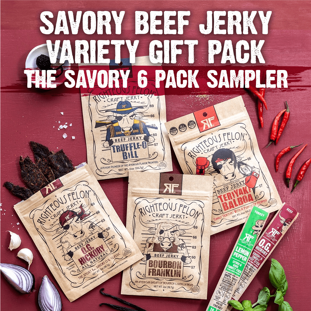 Righteous Felon Savory Jerky & Meat Sticks 6 Pack - High Protein, Low Sugar Gifts for Men