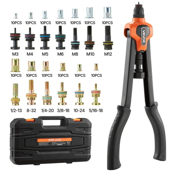 VEVOR Rivet Nut Tool Kit, 17-Inch Rivnut Tool Kit, with 13 Mandrels and 130 Nuts, Metric and SAE Size M3, M4, M5, M6, M8, M10, M12, 1/2-13, 8-32, 10-24, 1/4-20, 5/16-18, 3/8-16 UNC, a Carrying Case
