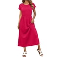 thumbnail image 2 of BRGZLK Womens Summer Modest Work Casual Solid Color Midi Knee Dress Pocket Short Sleeve Teacher Outfits Spring Travel Clothes, 2 of 7