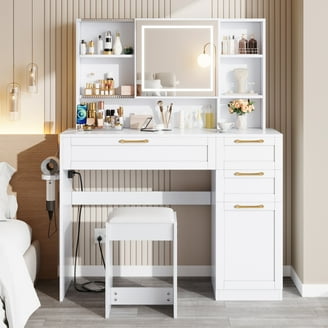 chinese dress ladies UHOMEPRO Vanity Set with Mirror, White Makeup Desk with Charging Stati  uHomePro
