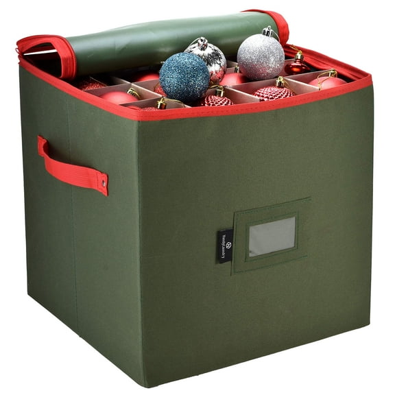 Christmas Ornament Storage Box with Adjustable Dividers, Holds 64 Holiday Decorations, Zippered Lid and Handles for Secure Carry, Keeps Ornaments Clean Dry Organized, Green