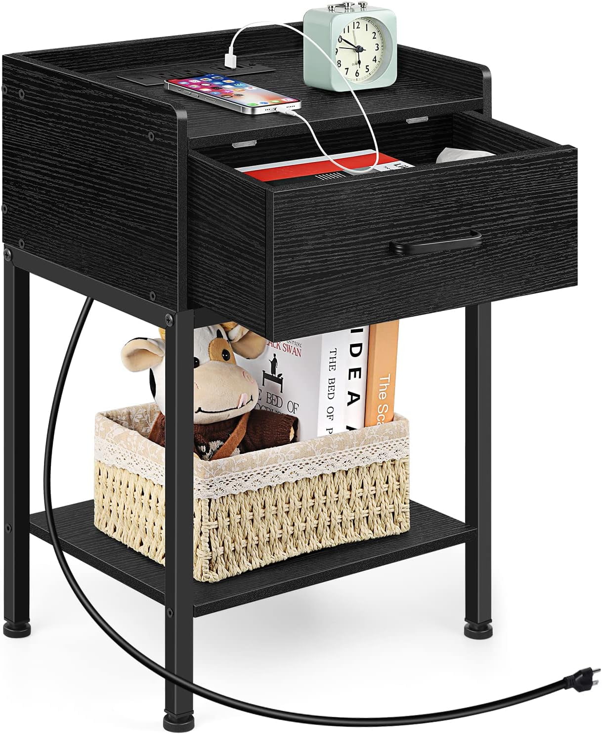 Oumilen Modern Nightstand with Charging Station, Black