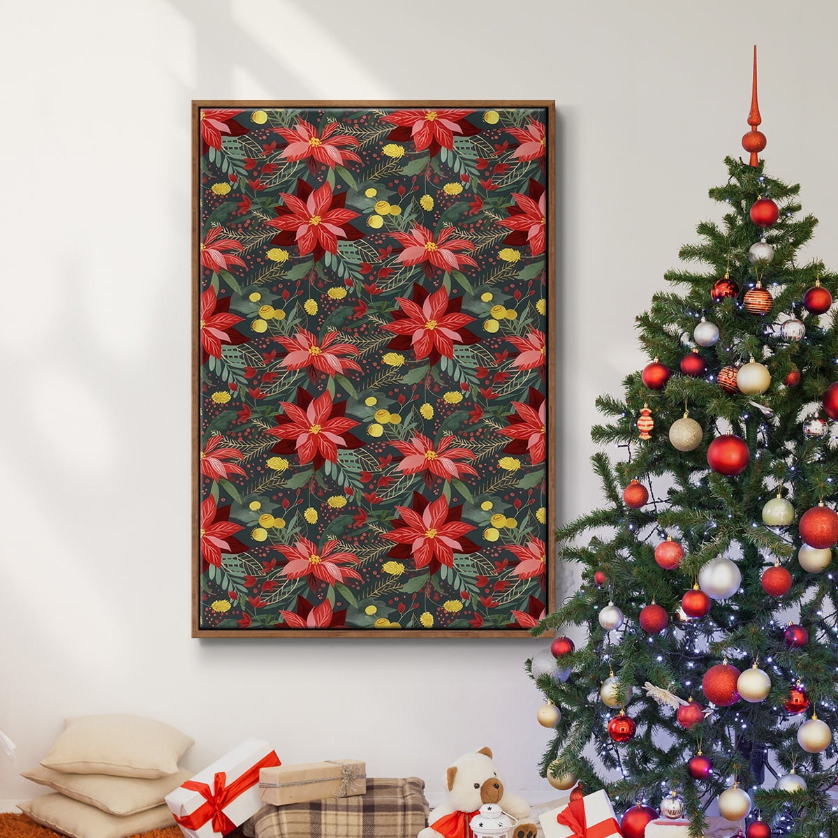Bright Christmas Night Collection E - Framed Gallery Wrapped Holiday Canvas - 25 x 37 - Rosewood Frame