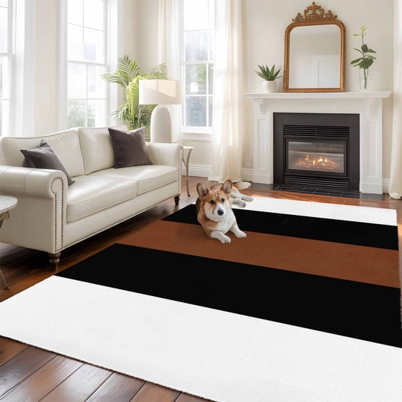 Boho Black Large Area Rugs 5x8 ft Brown and White Striped Tribal Farmhouse Style Washable Rug Non Slip Indoor Carpet Absorbent Floor Mat for Living Room Bedroom Dining Room