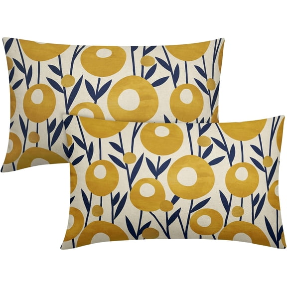 Navy Blue Yellow Floral Pillow Covers 12x20 Set of 2 Spring Boho Rustic Art Flower Decorative Lumbar Throw Pillow Cases Outdoor Farmhouse Decor for Sofa Couch Bed