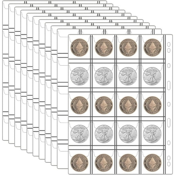 200 Pockets Coin Collecting Supplies, NOGIS 10 Sheets Coin Pages Sleeves Collectors for 3 and 4 Ring Binder, Coin Plastic Sheets for Album (20 Pocket)