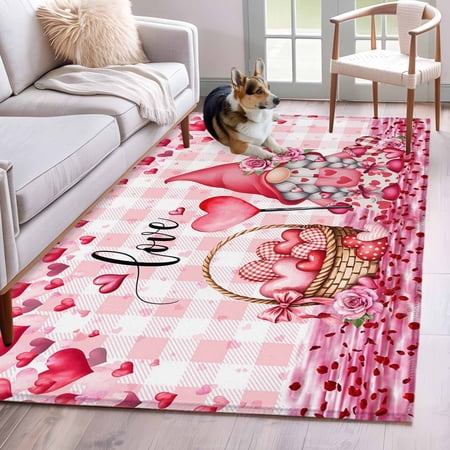 Hallway Runner Rugs 2.7x5 Ft Valentine s Day Non Slip Area Rugs for Kitchen Bedroom Entryway Gnomes Love Roses Romantic Pink Plaid Washable Carpet Runner Rug Floor Mats for Bedroom Home Decor