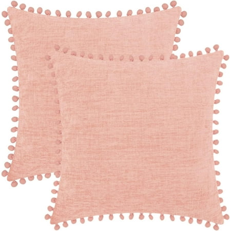 

CaliTime Throw Pillow Cases Pack of 2 Cozy Solid Dyed Soft Chenille Cushion Covers with Pom Poms for Couch Sofa Home Decoration 16x16 inches Dusty Pink