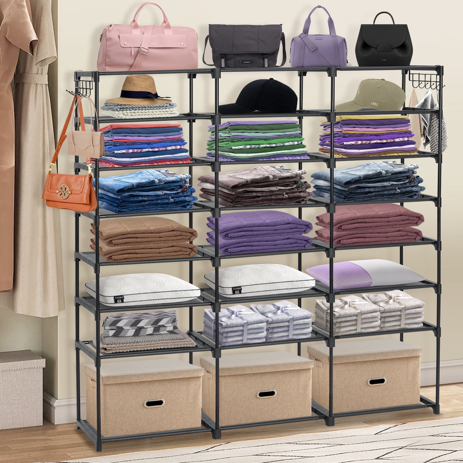 8-Tier Shoe Organizer HONEIER 48 Pairs Large Shoe Rack with 2 Hook Rack, Stackable Shoe Storage Cabinet for Shoe & Boots, Shoe Shelf for Closet, Entryway, Bedroom, Garage, Black