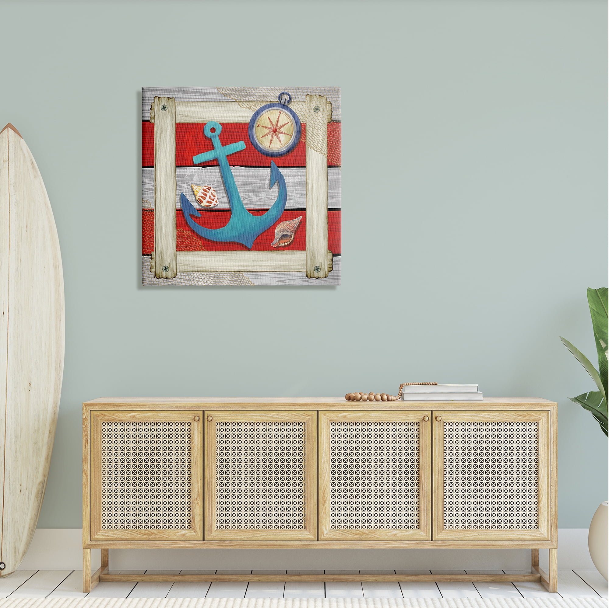 Stupell Maritime Anchor Compass Stripes Landscape Painting Gallery Wrapped Canvas Print Wall Art